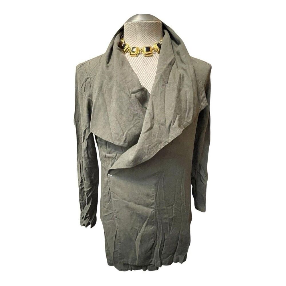 F21 Women Medium Army Green Lagenlook Blazer Cardigan Open Front Waterfall Work